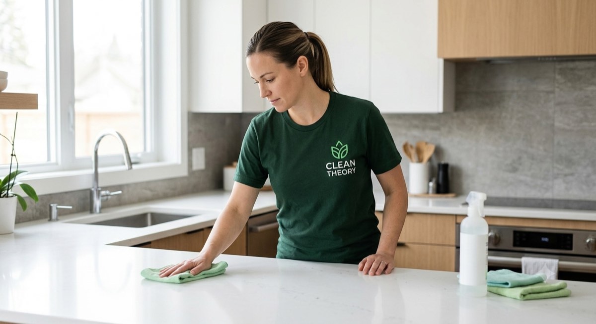 Clean Theory professional wiping a kitchen counter
